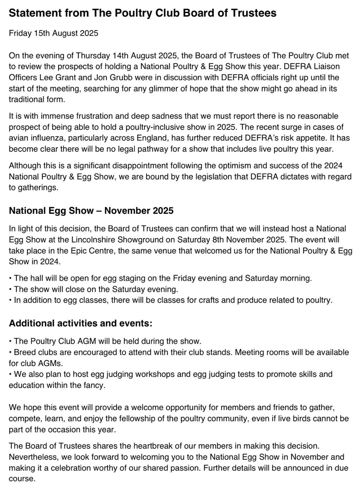 Statement from The Poultry Club Board of Trustees